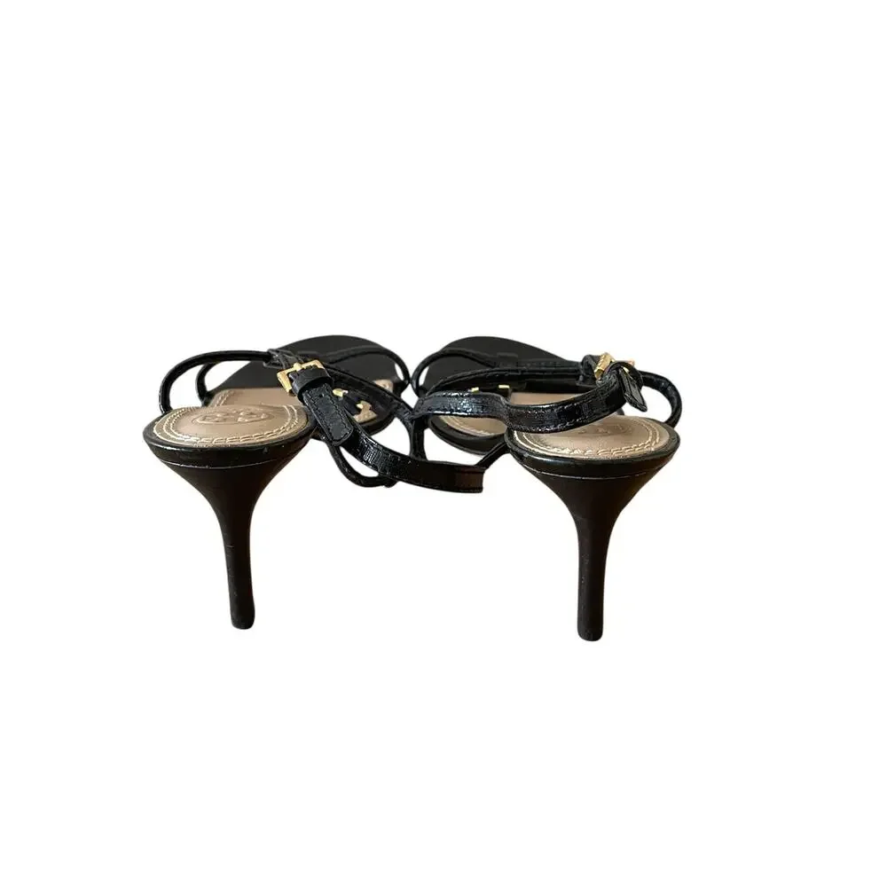 Tory Burch T Strap Logo Patent Leather Black  Heels Sandal 8M
